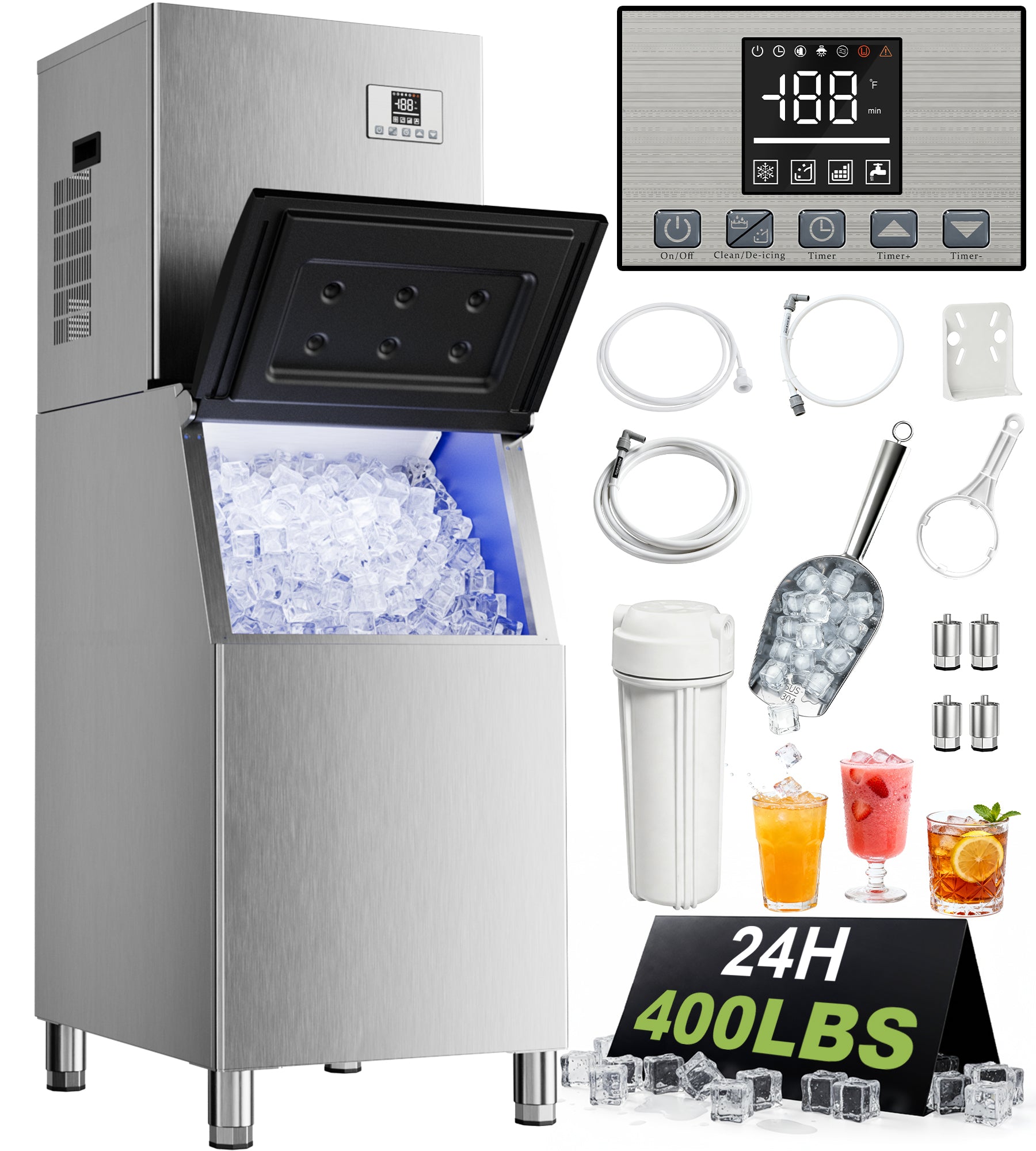Landeagle Commercial Ice Maker Machine 400Lbs/24H with 250Lbs Storage, Self-Cleaning Mode, Industrial Ice Machine, Ice Ready in 7-15 min, Ice Maker for Bar/Cafe/Restaurant/Business