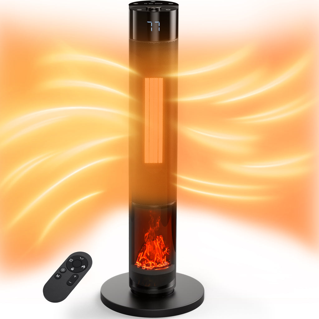 Landeagle Space Heaters for Indoor, 34”Large PTC Ceramic Heater with Flame, 1500W Electric with Thermostat, 90°Oscillating Portable Tower Heater with Remote for Room, Bedroom, Office, Ink Black