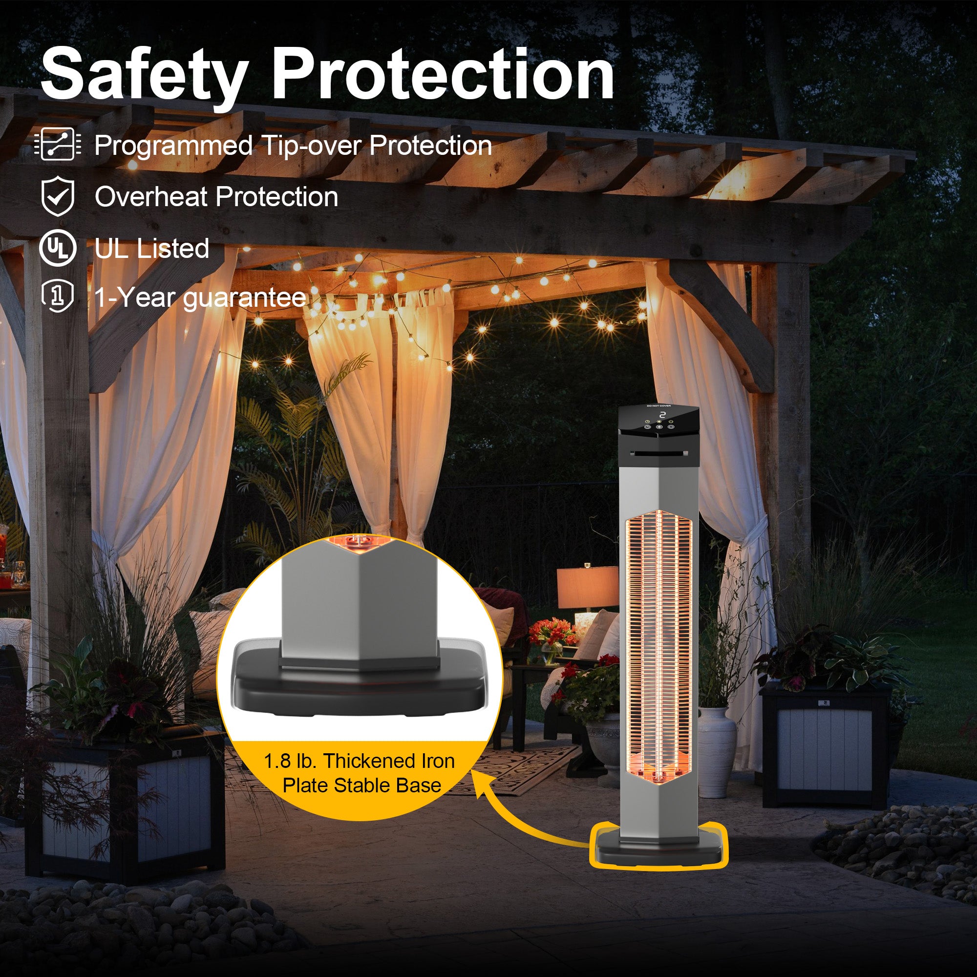 Landeagle Outdoor Heaters for Patio,1500W Electric Infrared Radiant Heater with Remote,37IN Portable Tower Space Heater with 12H Timer,Tip-over Protection for Garage,Backyard,Silver