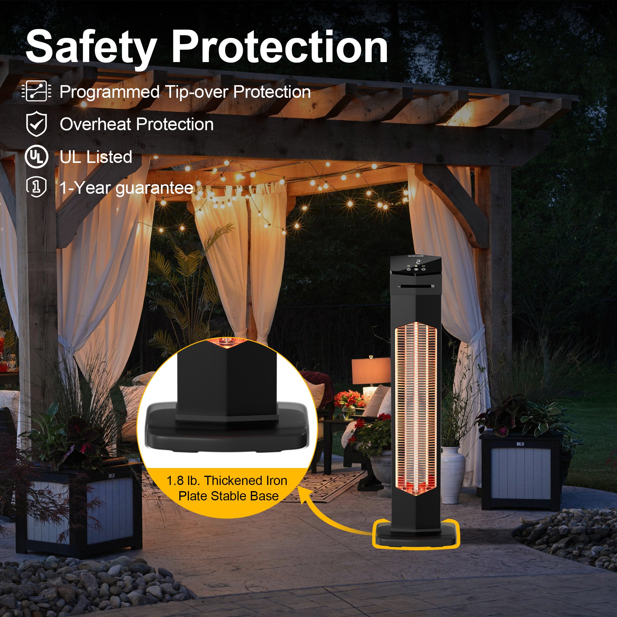 Landeagle Outdoor Heaters for Patio,1500W Electric Infrared Radiant Heater with Remote,37IN Portable Tower Space Heater with 12H Timer,Tip-over Protection for Garage,Backyard,Black