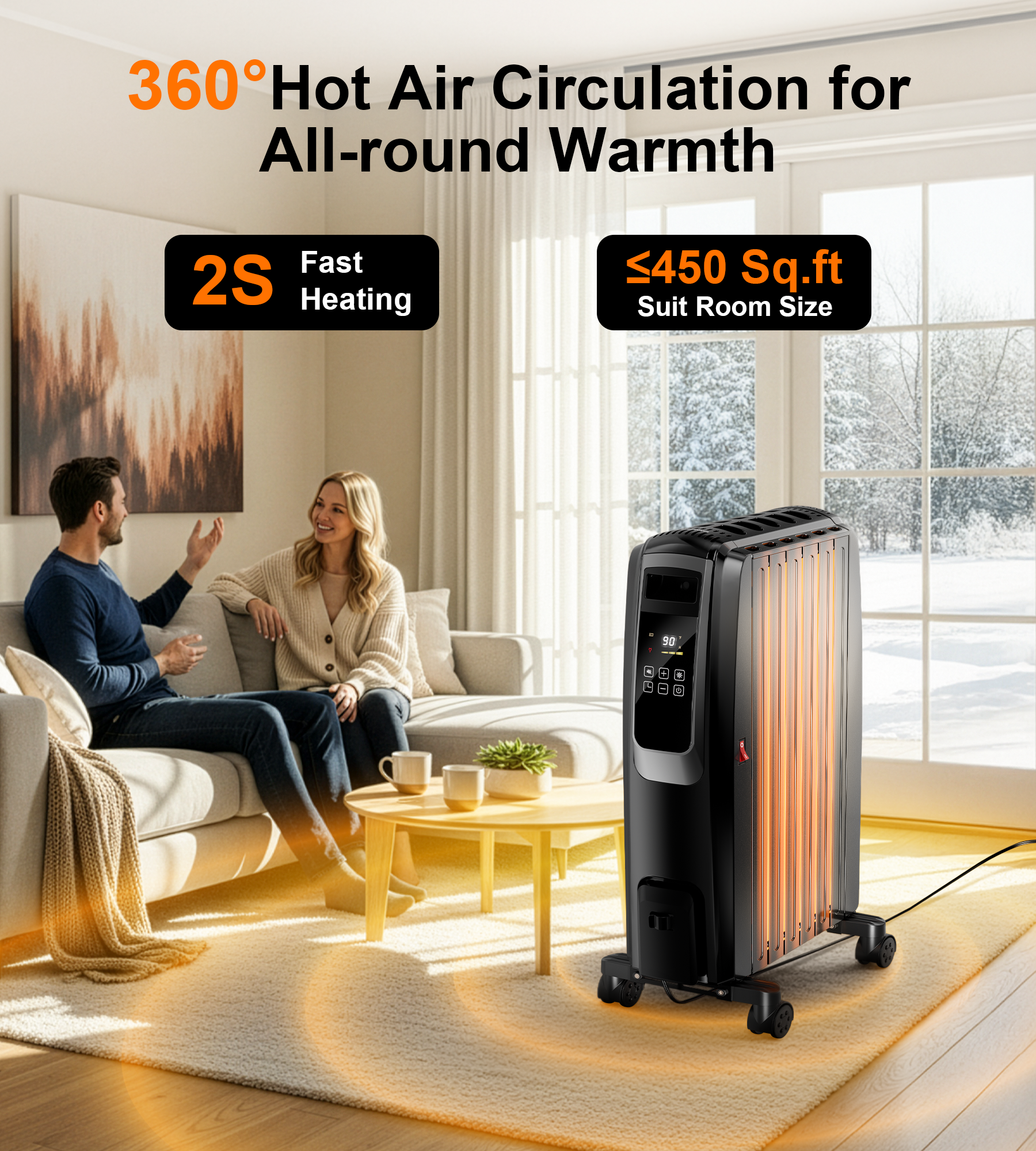 Landeagle Oil Filled Radiator Heater, 1500W Electric Heater with Thermostat, Space Heaters for Large Room，Heaters with ECO Mode, 24H Timer, Tip-over & Overheat Protection for Indoor Use(26IN)