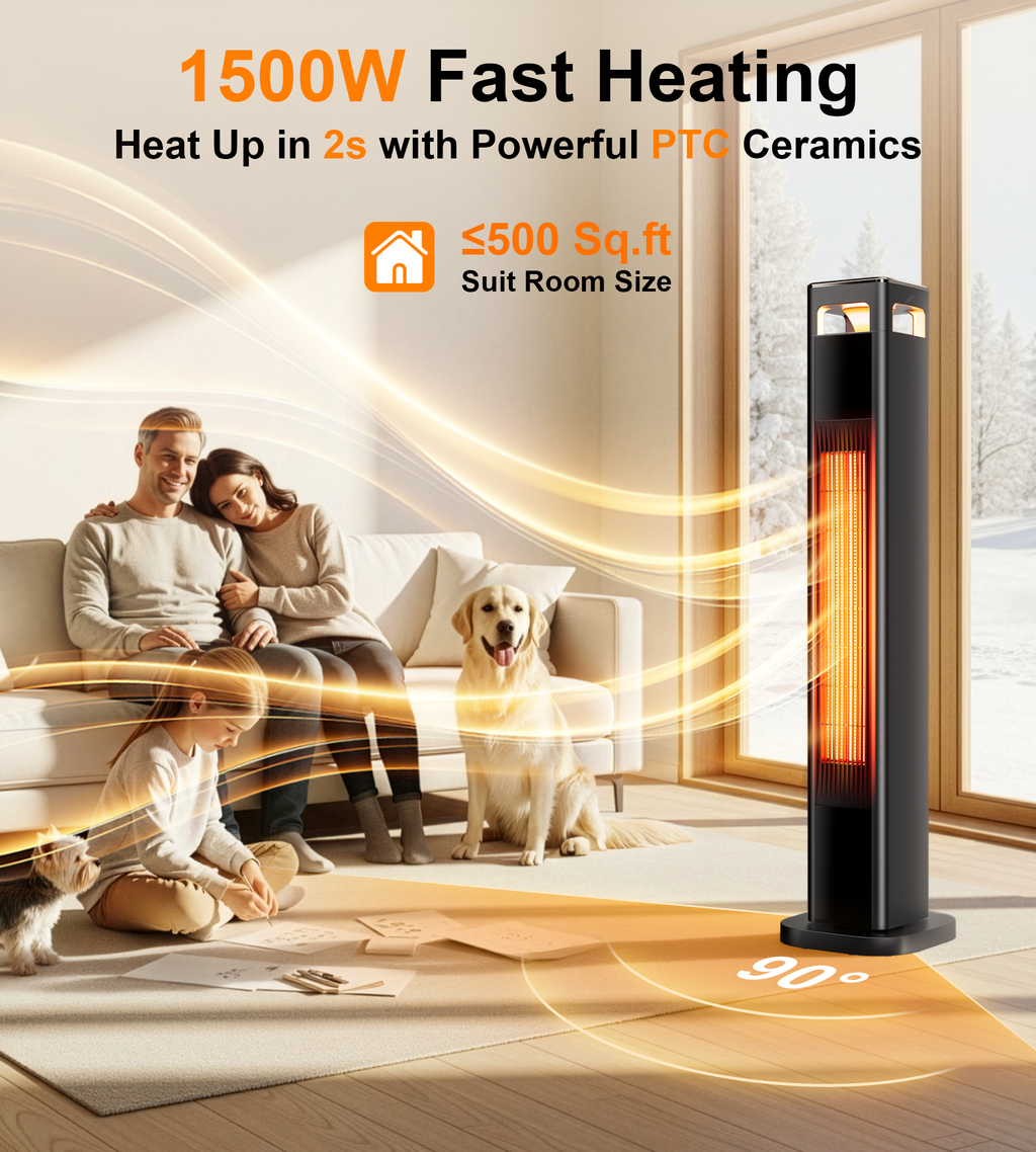 andeagle Space Heaters for Large Room, 1500 W Electric Heater with Thermostat, 24H Timer, Indoor Heater with 90°Oscillation, Heaters with Tip-over & Overheat Protection for Indoor Use(37IN)