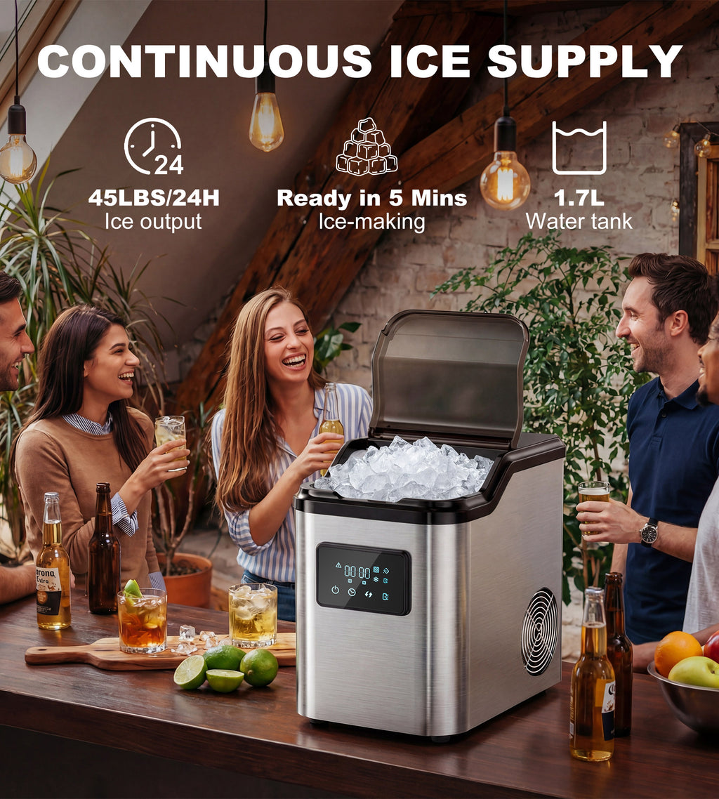 Landeagle Nugget Ice Makers Countertop,Portable Pebble Ice Machine with Crushed Ice,45lbs/Day Soft Pellet Ice Maker Stainless with 24H Timer, Self-Cleaning Chewable Sonic Ice for Home,Kitchen