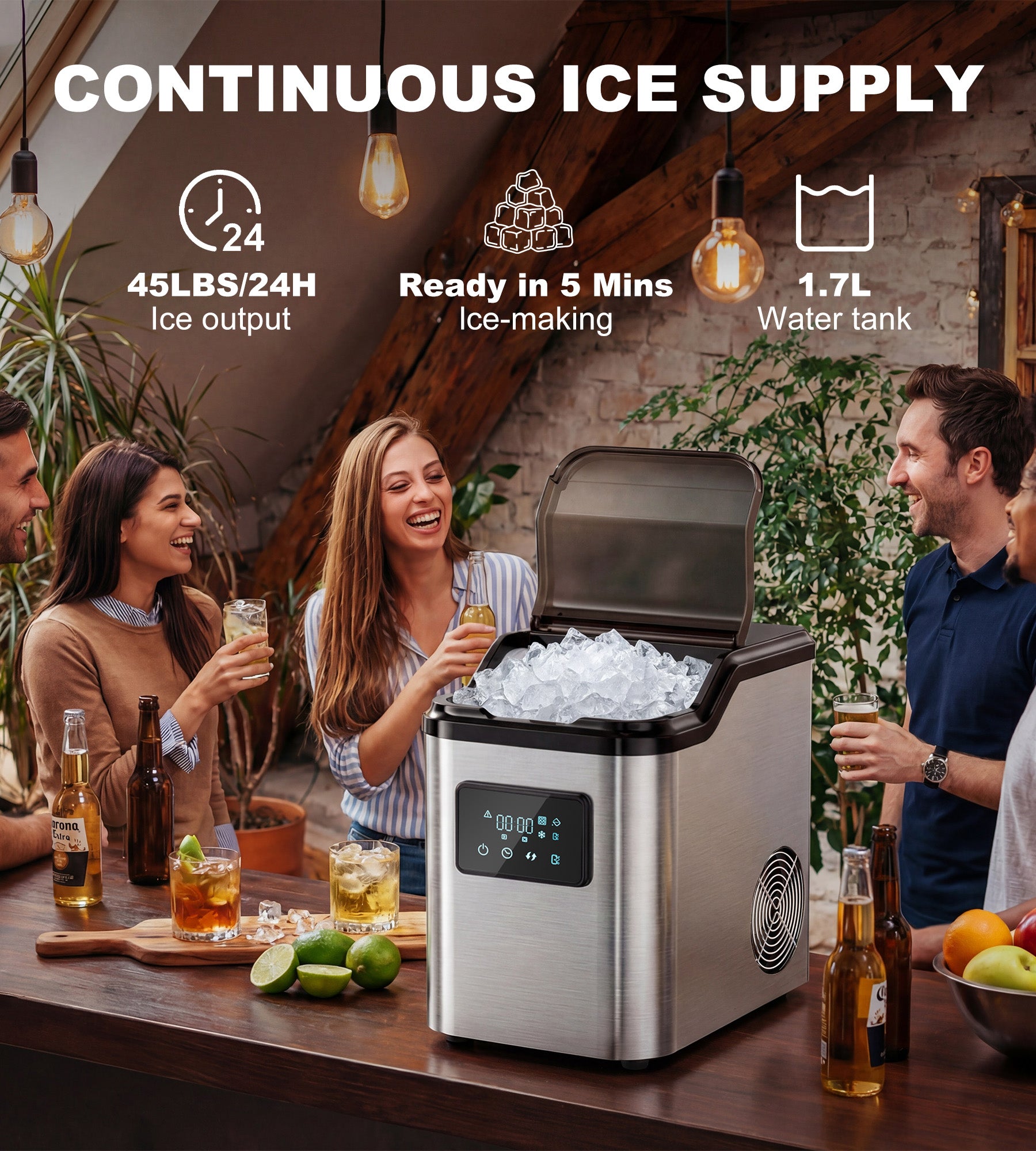 Landeagle Nugget Ice Makers Countertop,Portable Pebble Ice Machine with Crushed Ice,45lbs/Day Soft Pellet Ice Maker Stainless with 24H Timer, Self-Cleaning Chewable Sonic Ice for Home,Kitchen