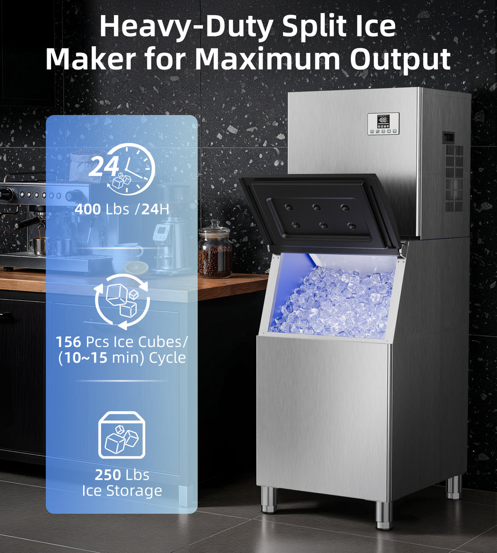 Landeagle Commercial Ice Maker Machine 400Lbs/24H with 250Lbs Storage, Self-Cleaning Mode, Industrial Ice Machine, Ice Ready in 7-15 min, Ice Maker for Bar/Cafe/Restaurant/Business