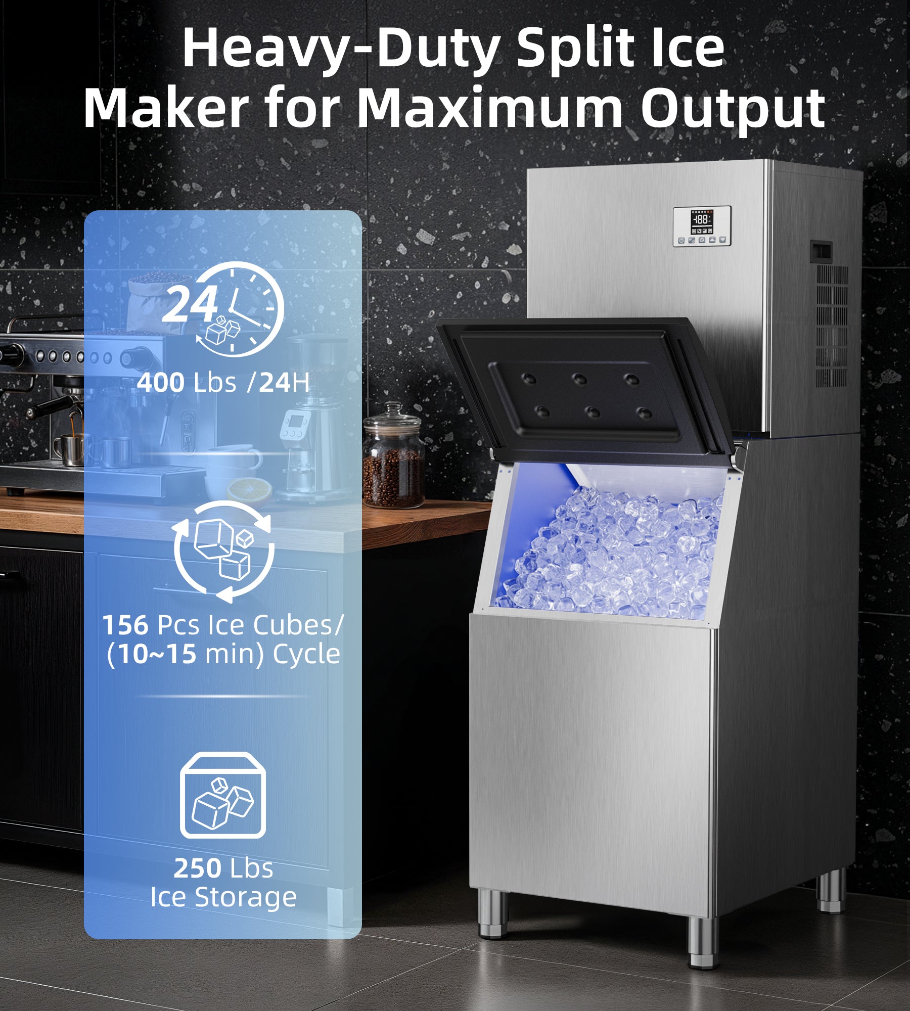 Landeagle Commercial Ice Maker Machine 400Lbs/24H with 250Lbs Storage, Self-Cleaning Mode, Industrial Ice Machine, Ice Ready in 7-15 min, Ice Maker for Bar/Cafe/Restaurant/Business