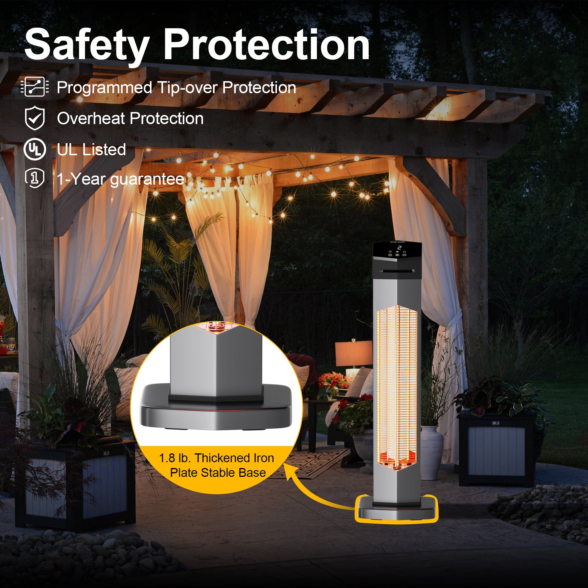 Landeagle Outdoor Heaters for Patio,1500W Electric Infrared Radiant Heater with Remote,37IN Portable Tower Space Heater with 12H Timer,Tip-over Protection for Garage,Backyard,Silver-white