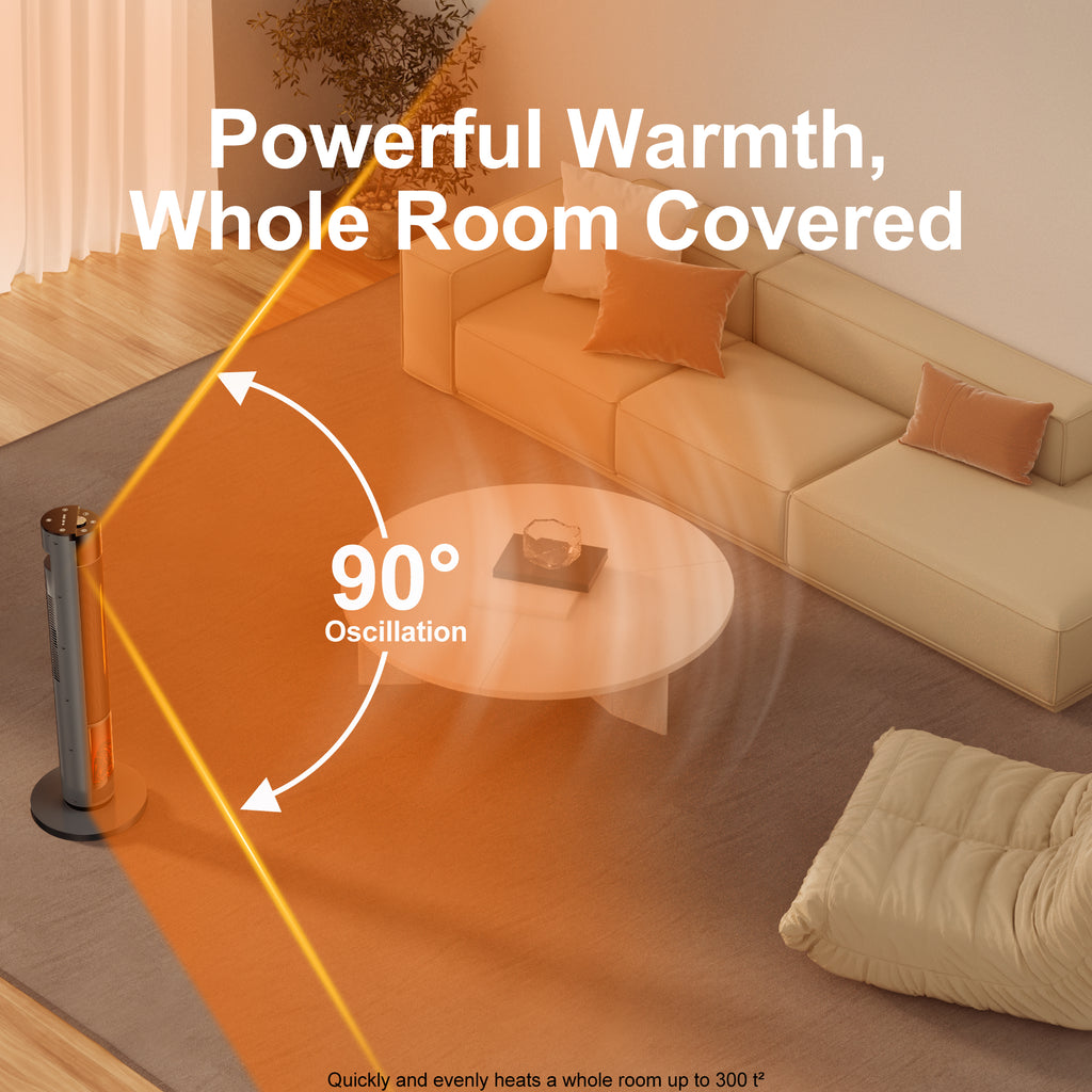 Landeagle Space Heaters for Indoor, 34”Large PTC Ceramic Heater with Flame, 1500W Electric with Thermostat, 90°Oscillating Portable Tower Heater with Remote for Room, Bedroom, Office, Ink Black