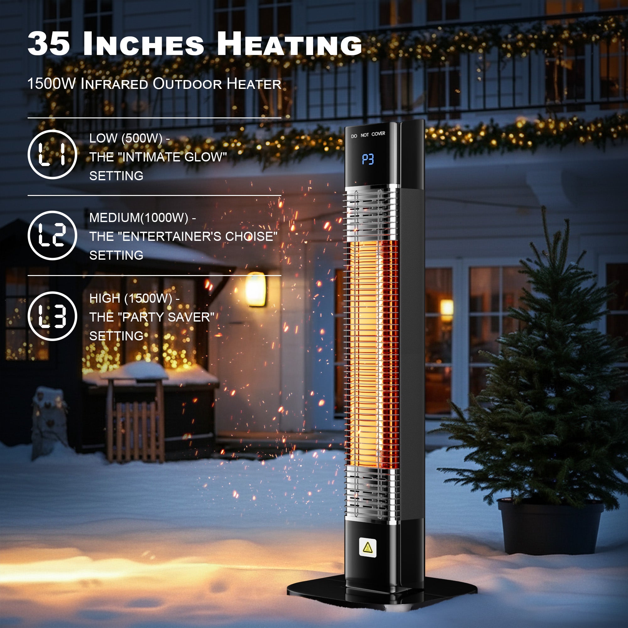 Patio Heater for Outdoor,1500W Electric Infrared Radiant Heaters with Remote for Garage Bedroom Backyard, Large Space Heater with 24H Timer,3 Heat Settings,Tip-over Protection for Indoor, 35"