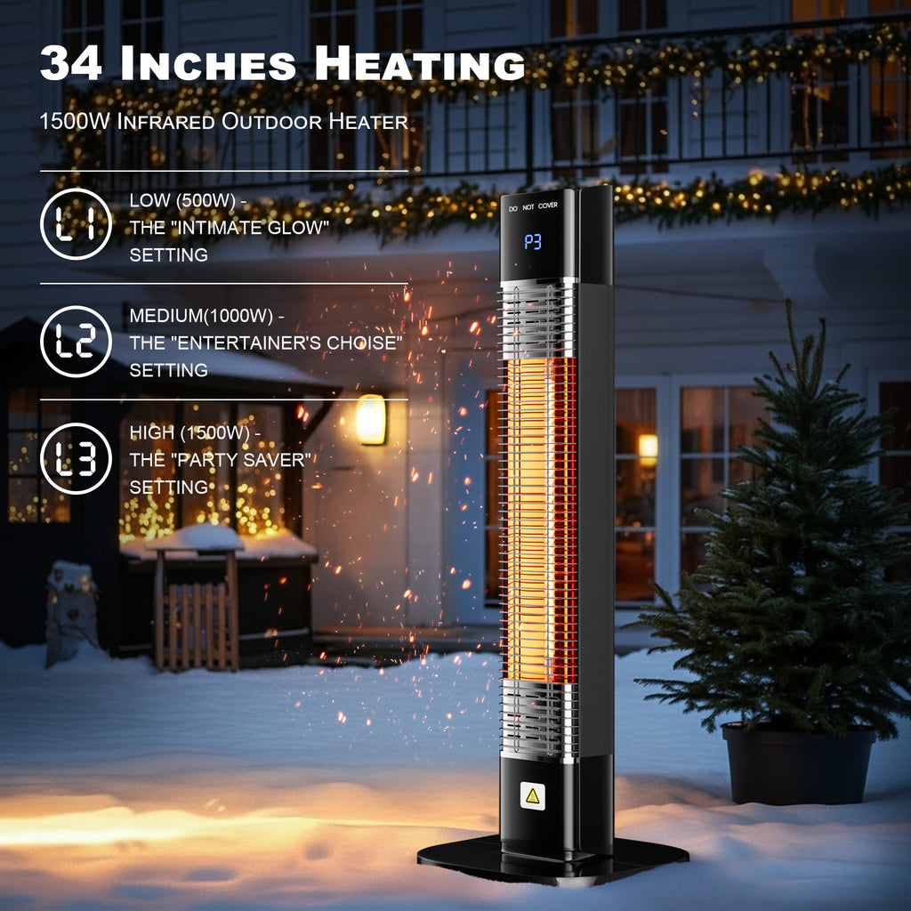 Patio Heater for Outdoor,1500W Electric Infrared Radiant Heaters with Remote for Garage Bedroom Backyard, Large Space Heater with 24H Timer,3 Heat Settings,Tip-over Protection for Indoor, 34"