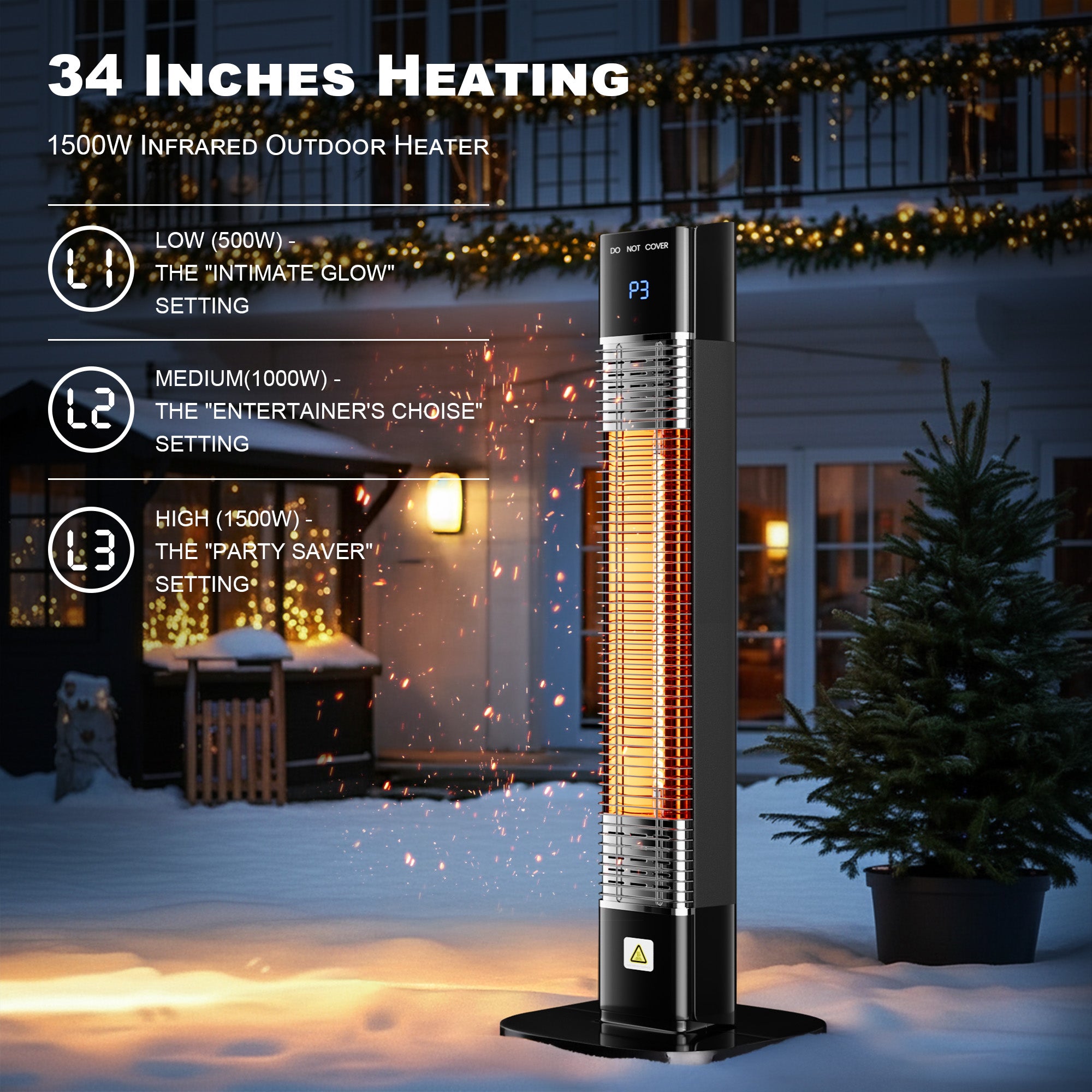 Patio Heater for Outdoor,1500W Electric Infrared Radiant Heaters with Remote for Garage Bedroom Backyard, Large Space Heater with 24H Timer,3 Heat Settings,Tip-over Protection for Indoor, 34"