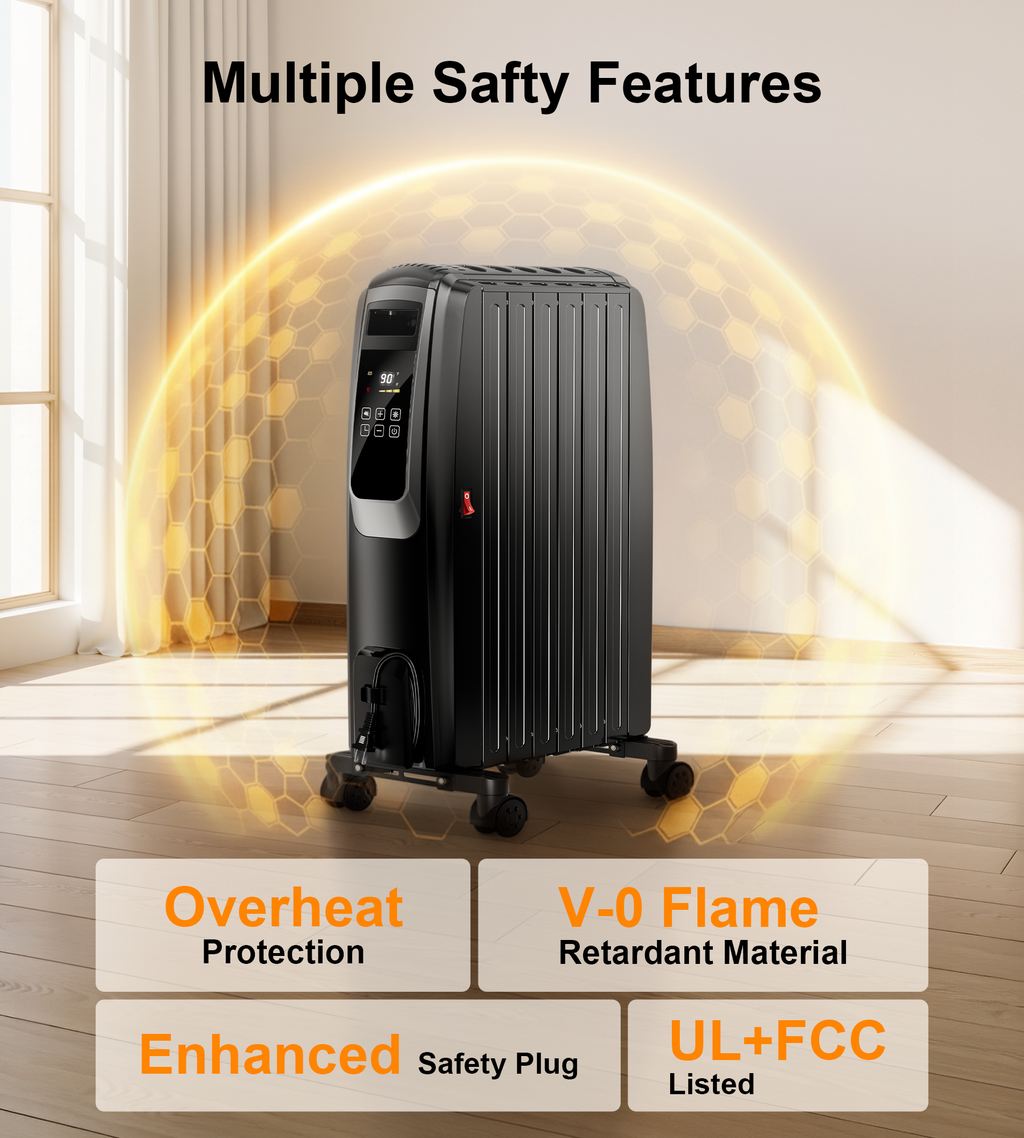 Landeagle Oil Filled Radiator Heater, 1500W Electric Space Heater with Thermostat, 360°Surround Heating, Large Room Space Heater with ECO Mode, 24H Timer, Overheat Protection(27IN)