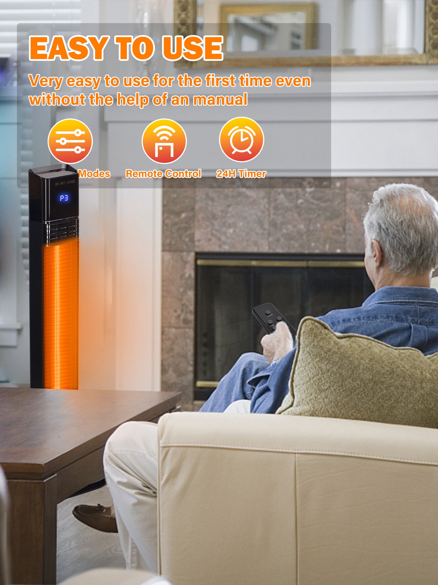 Patio Heater for Outdoor,1500W Electric Infrared Radiant Heaters with Remote for Garage Bedroom Backyard, Room Space Heater with 24H Timer,3 Heat Settings,Tip-over Protection for Indoor, 36"