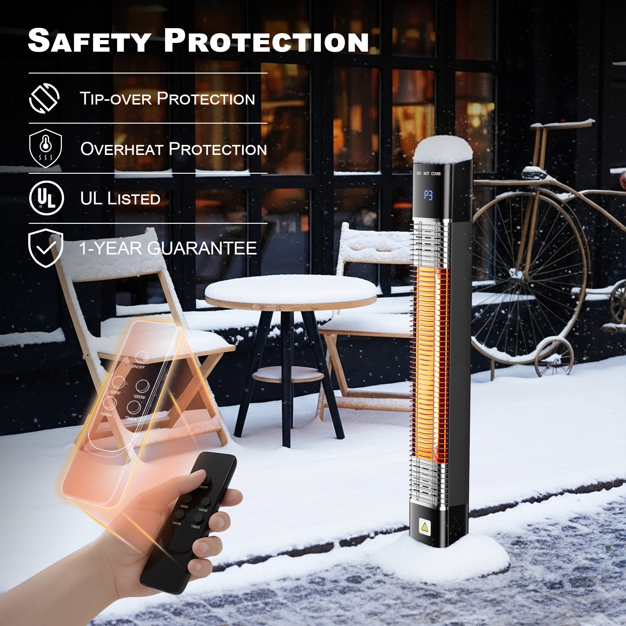 Patio Heater for Outdoor,1500W Electric Infrared Radiant Heaters with Remote for Garage Bedroom Backyard, Large Space Heater with 24H Timer,3 Heat Settings,Tip-over Protection for Indoor, 35"