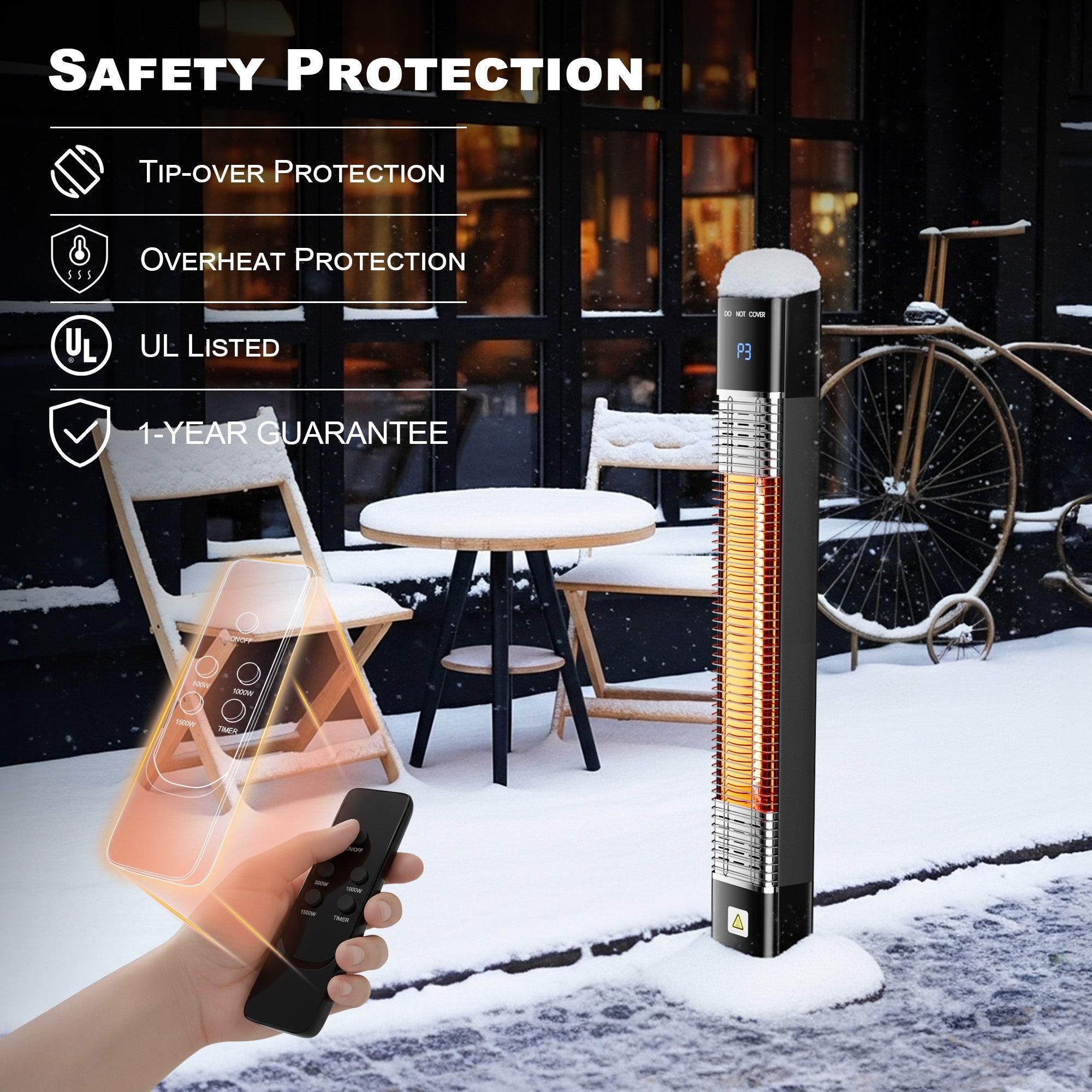 Patio Heater for Outdoor,1500W Electric Infrared Radiant Heaters with Remote for Garage Bedroom Backyard, Large Space Heater with 24H Timer,3 Heat Settings,Tip-over Protection for Indoor, 34"