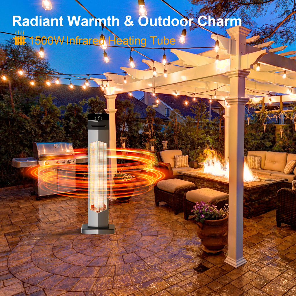Landeagle Outdoor Heaters for Patio,1500W Electric Infrared Radiant Heater with Remote,37IN Portable Tower Space Heater with 12H Timer,Tip-over Protection for Garage,Backyard,Silver-white