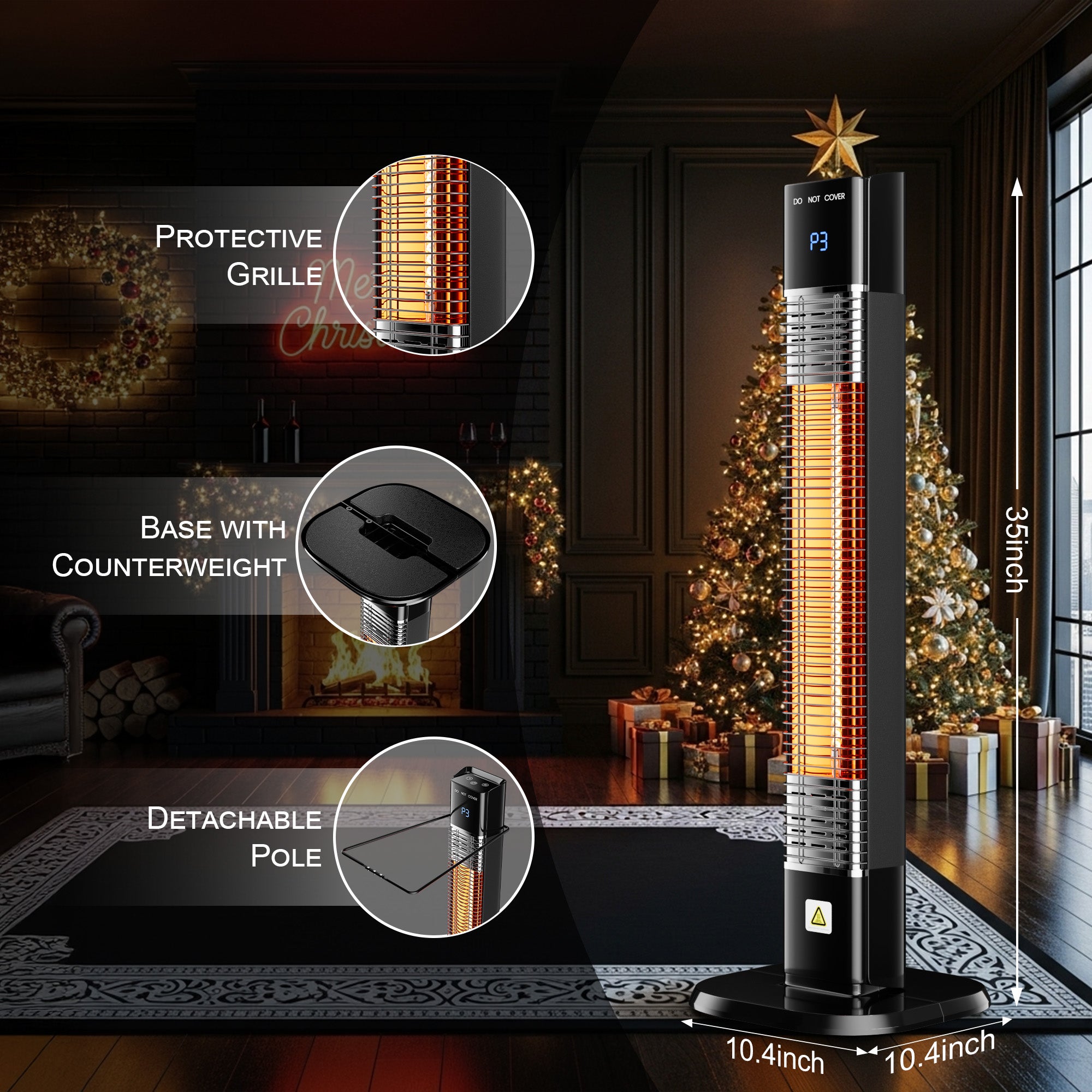 Patio Heater for Outdoor,1500W Electric Infrared Radiant Heaters with Remote for Garage Bedroom Backyard, Large Space Heater with 24H Timer,3 Heat Settings,Tip-over Protection for Indoor, 35"