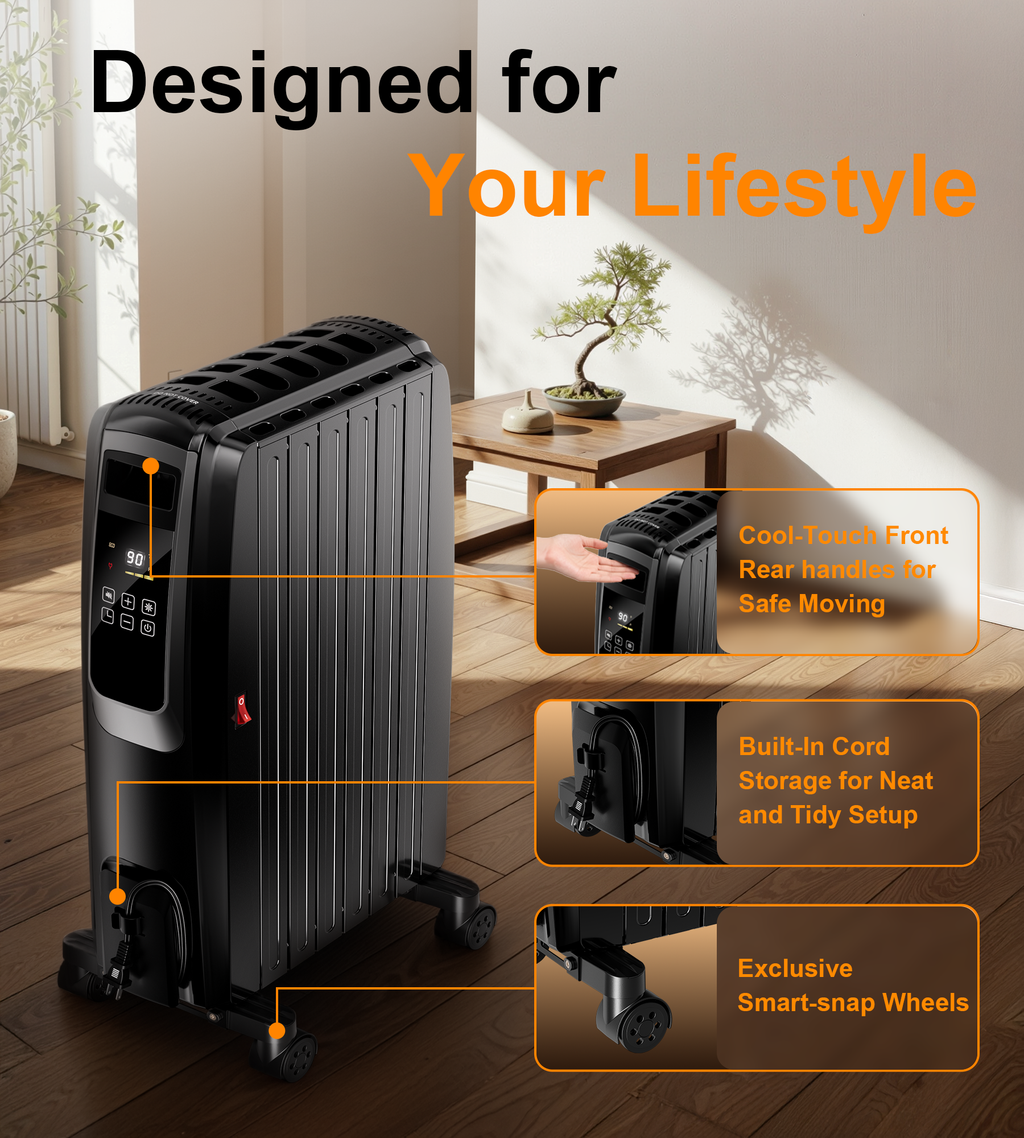 Landeagle Oil Filled Radiator Heater, 1500W Electric Space Heater with Thermostat, 360°Surround Heating, Large Room Space Heater with ECO Mode, 24H Timer, Overheat Protection(27IN)
