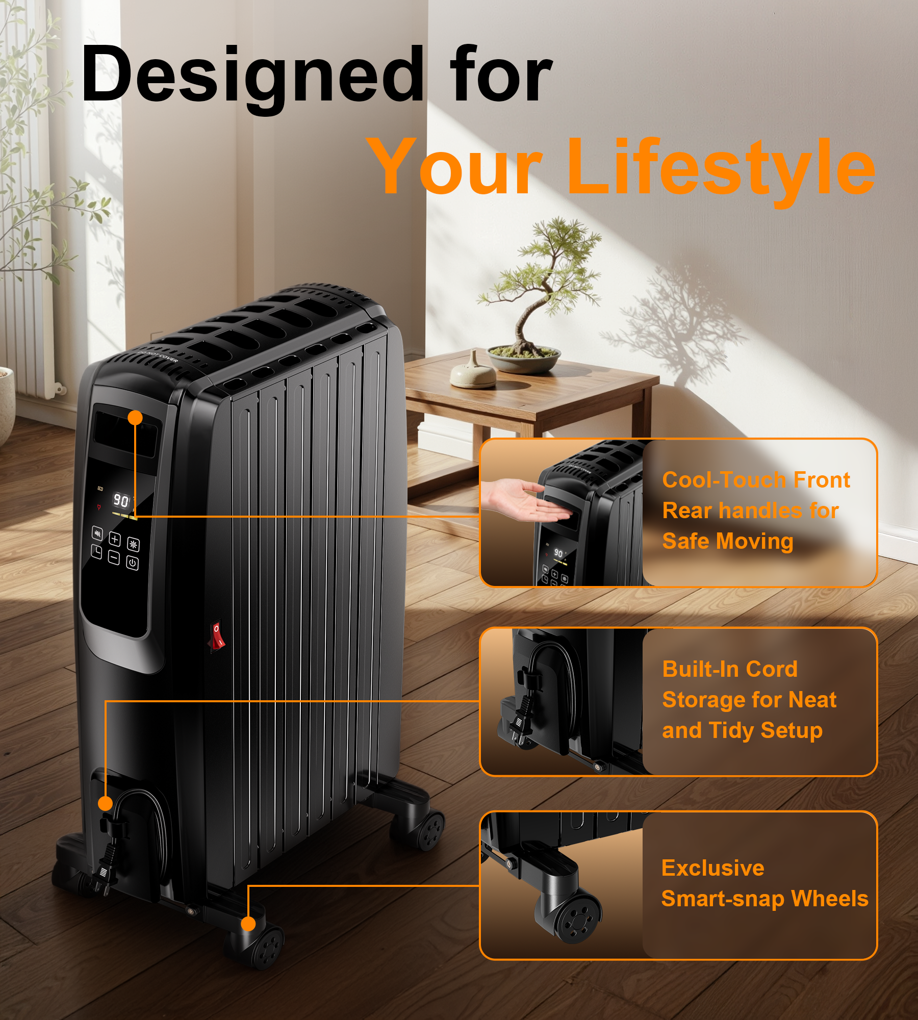 Landeagle Oil Filled Radiator Heater, 1500W Electric Space Heater with Thermostat, 360°Surround Heating, Large Room Space Heater with ECO Mode, 24H Timer, Overheat Protection(27IN)