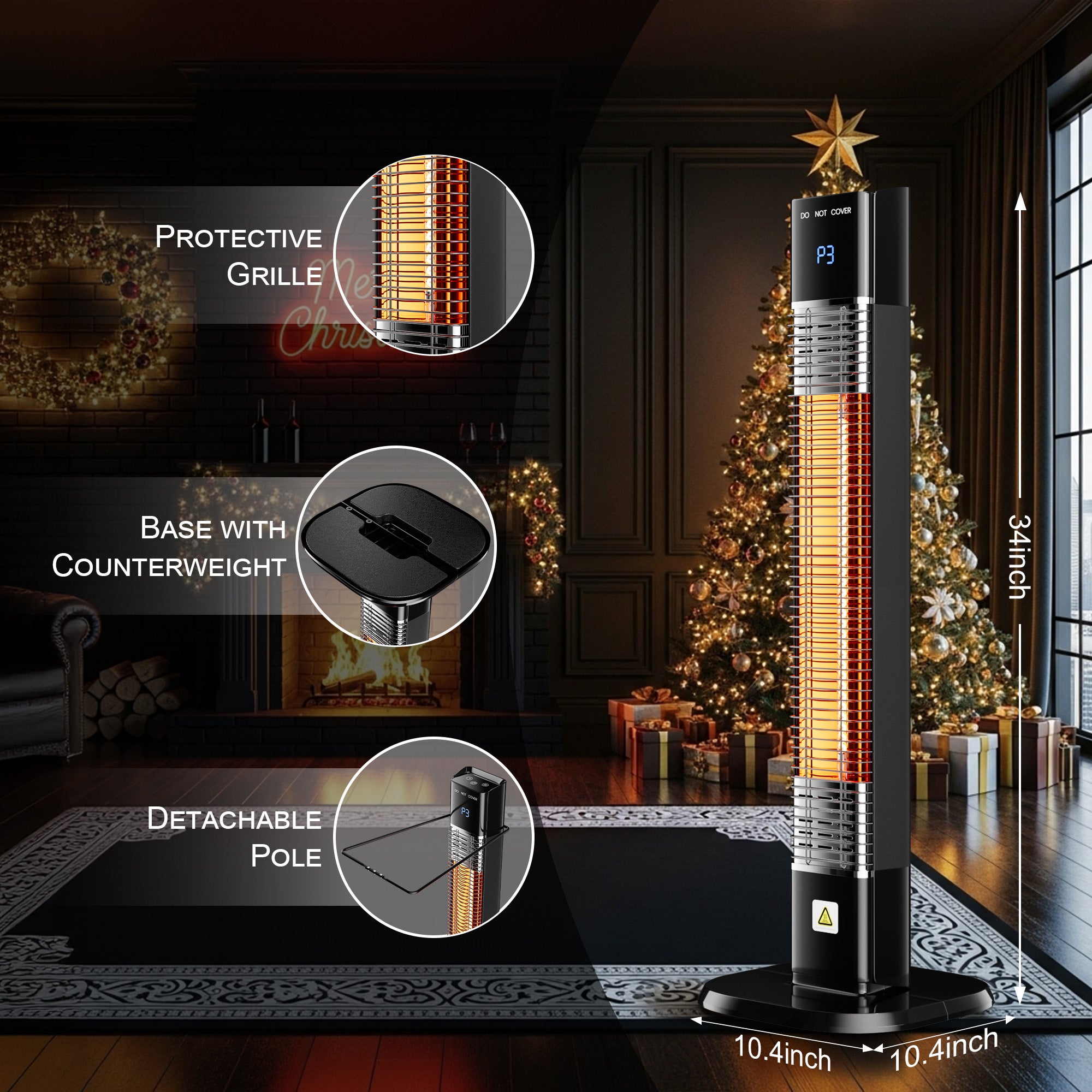Patio Heater for Outdoor,1500W Electric Infrared Radiant Heaters with Remote for Garage Bedroom Backyard, Large Space Heater with 24H Timer,3 Heat Settings,Tip-over Protection for Indoor, 34"